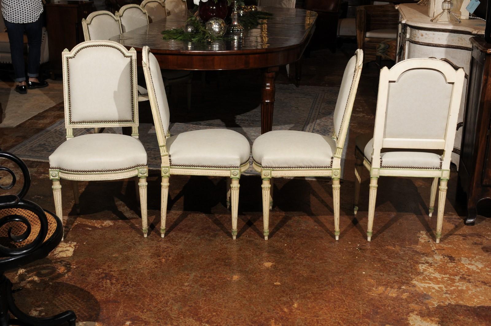 19th Century Set of Eight French Louis XVI Style Painted Dining Chairs with New Upholstery