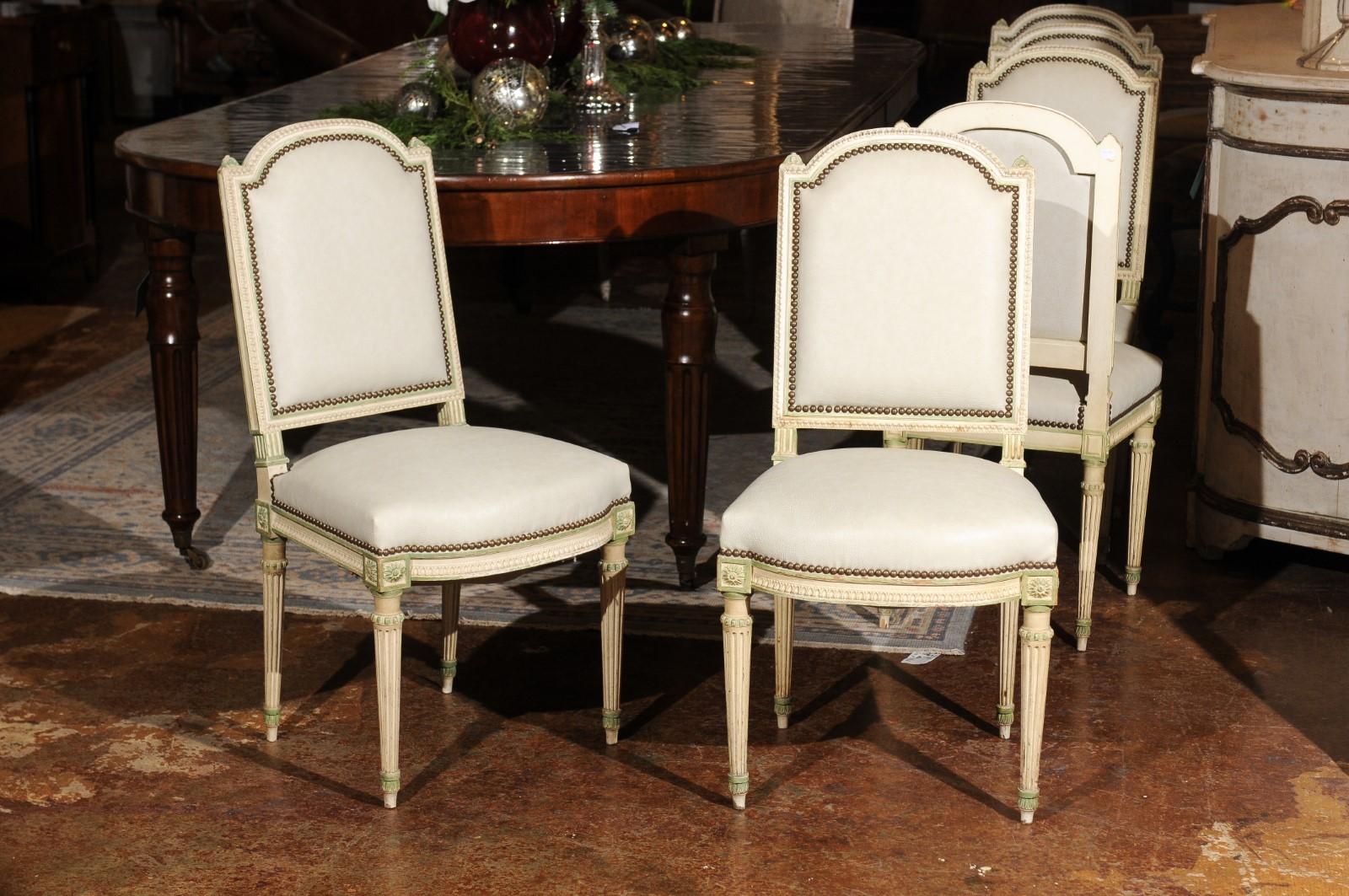 Set of Eight French Louis XVI Style Painted Dining Chairs with New Upholstery 3