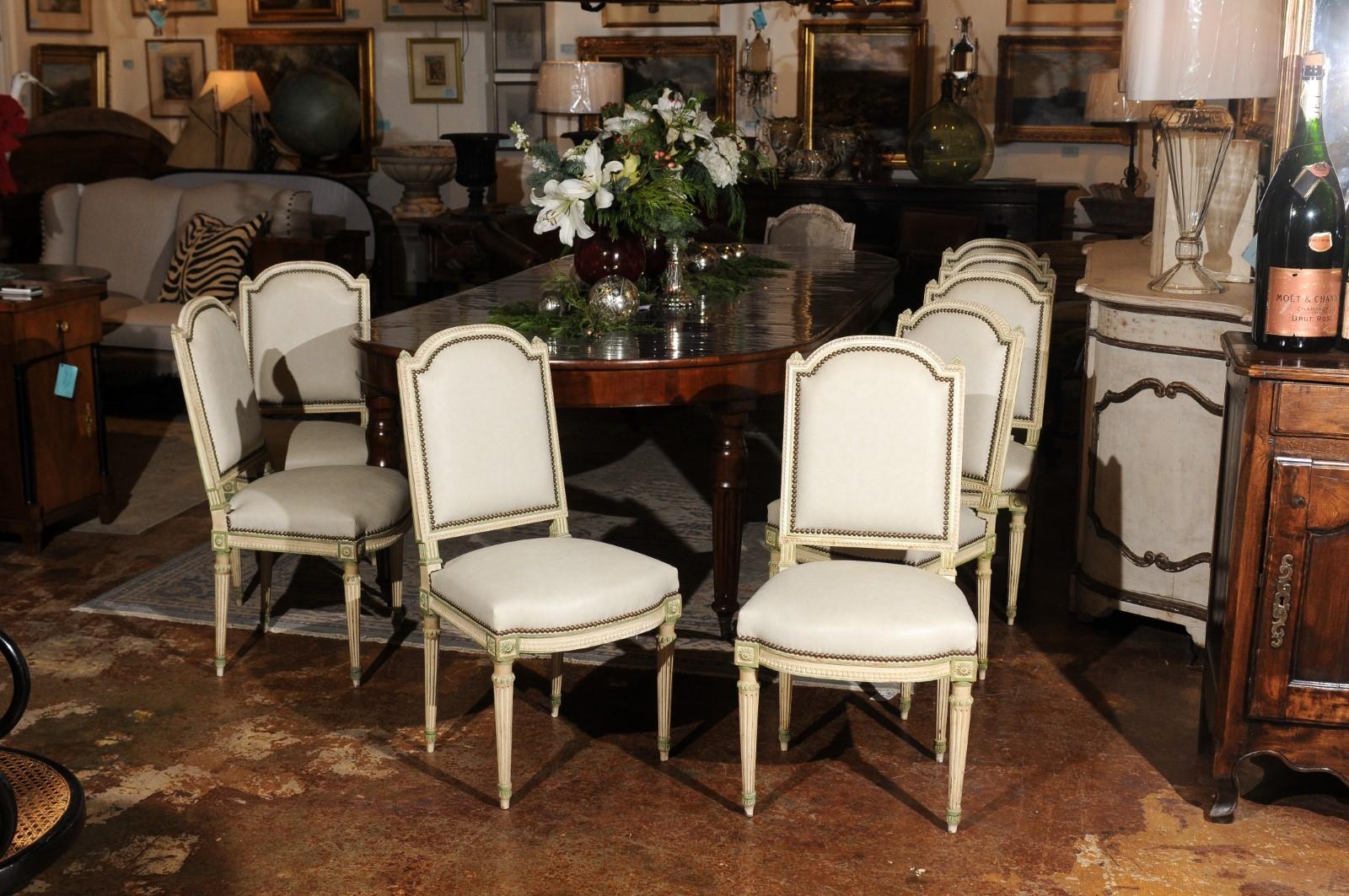 Set of Eight French Louis XVI Style Painted Dining Chairs with New Upholstery 4