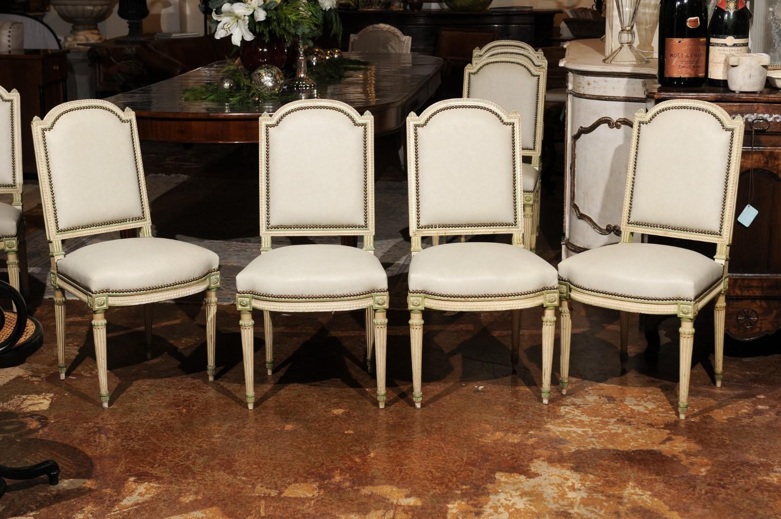 Set of Eight French Louis XVI Style Painted Dining Chairs with New Upholstery 5