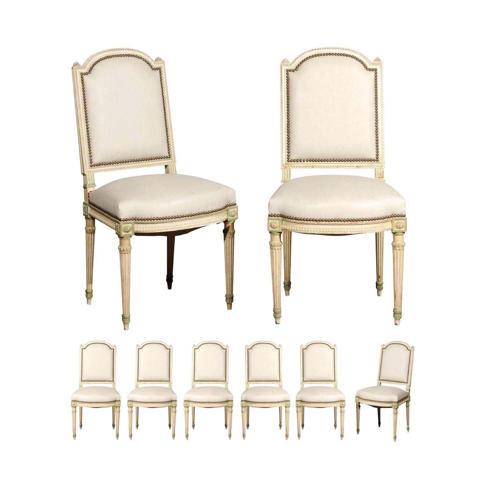 Set of Eight French Louis XVI Style Painted Dining Chairs with New Upholstery