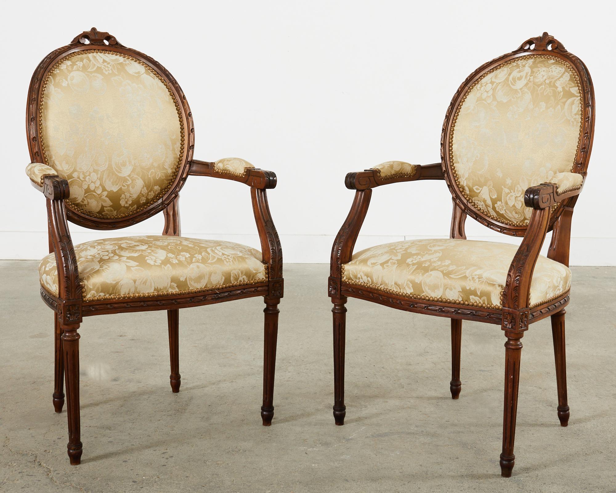 Brass Set of Eight French Louis XVI Style Walnut Dining Chairs