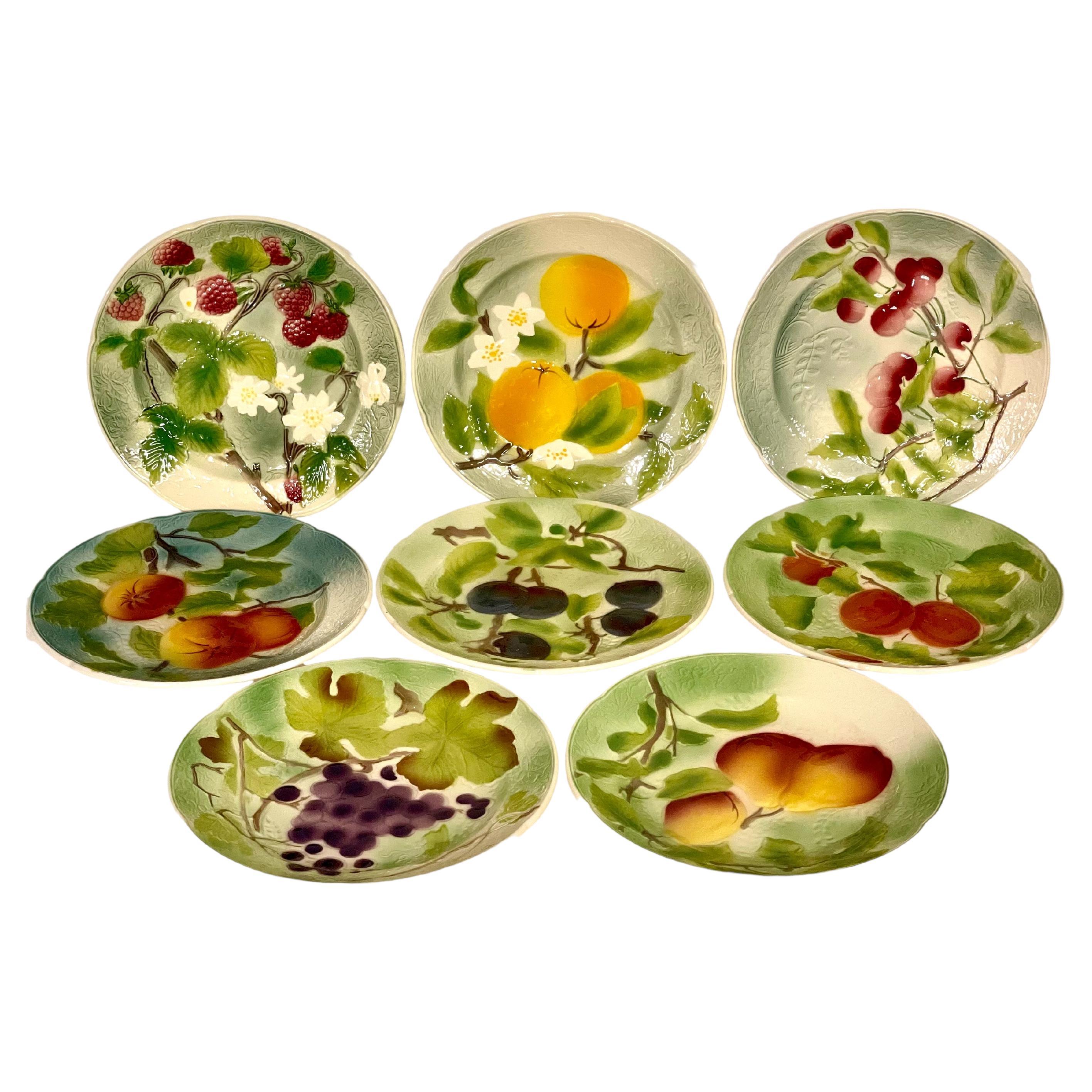 Set of Eight French Majolica Fruit Plates by Saint-Clément For Sale