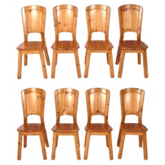 Set of Eight French Modern Pine Dining Chairs in the style of Charlotte Perriand