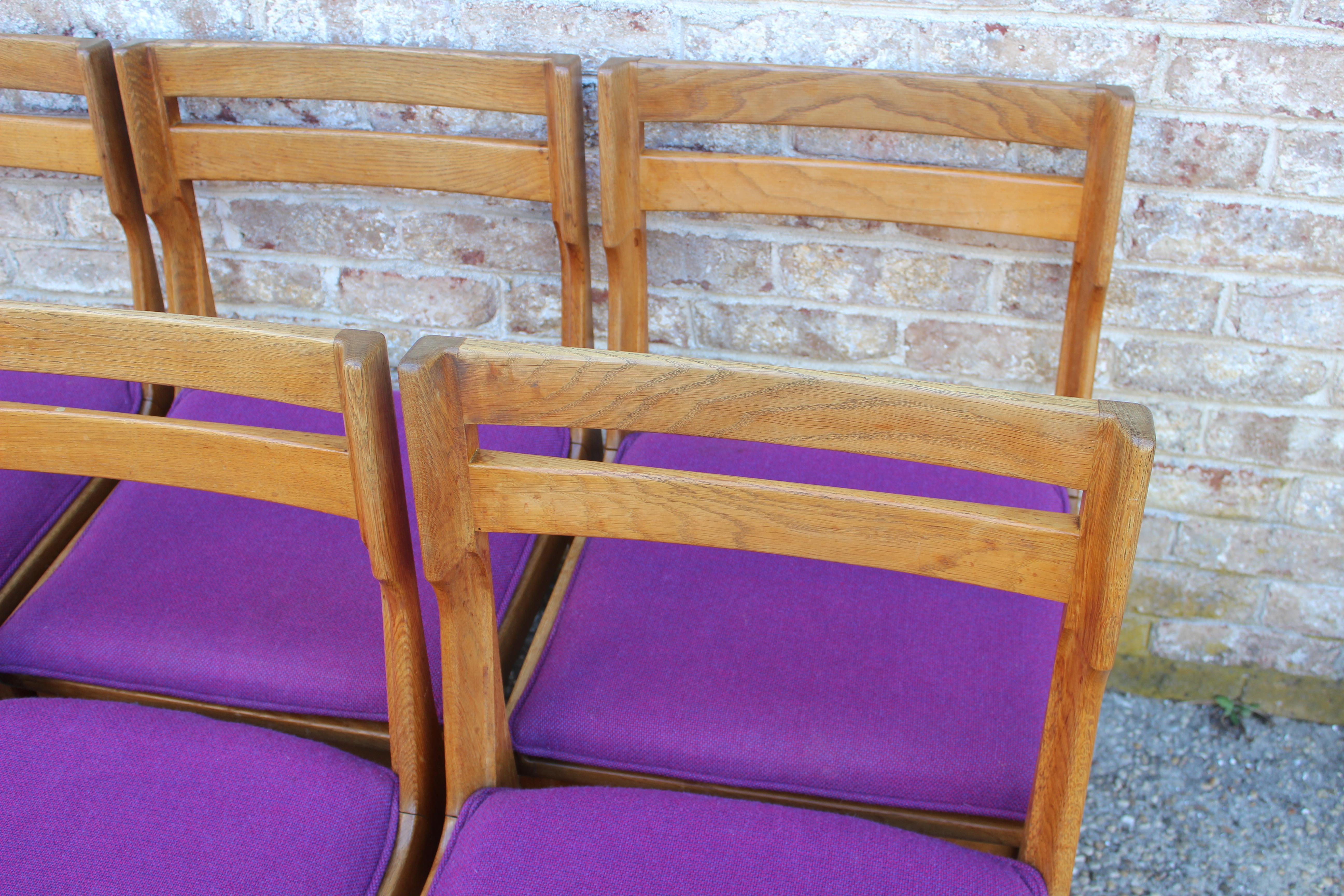Set of Six French Oak Dining Chairs by Guillerme et Chambron 1