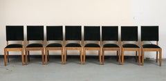 Set of Eight French Oak Dining Chairs in Forest Green Cotton Velvet, c. 1945