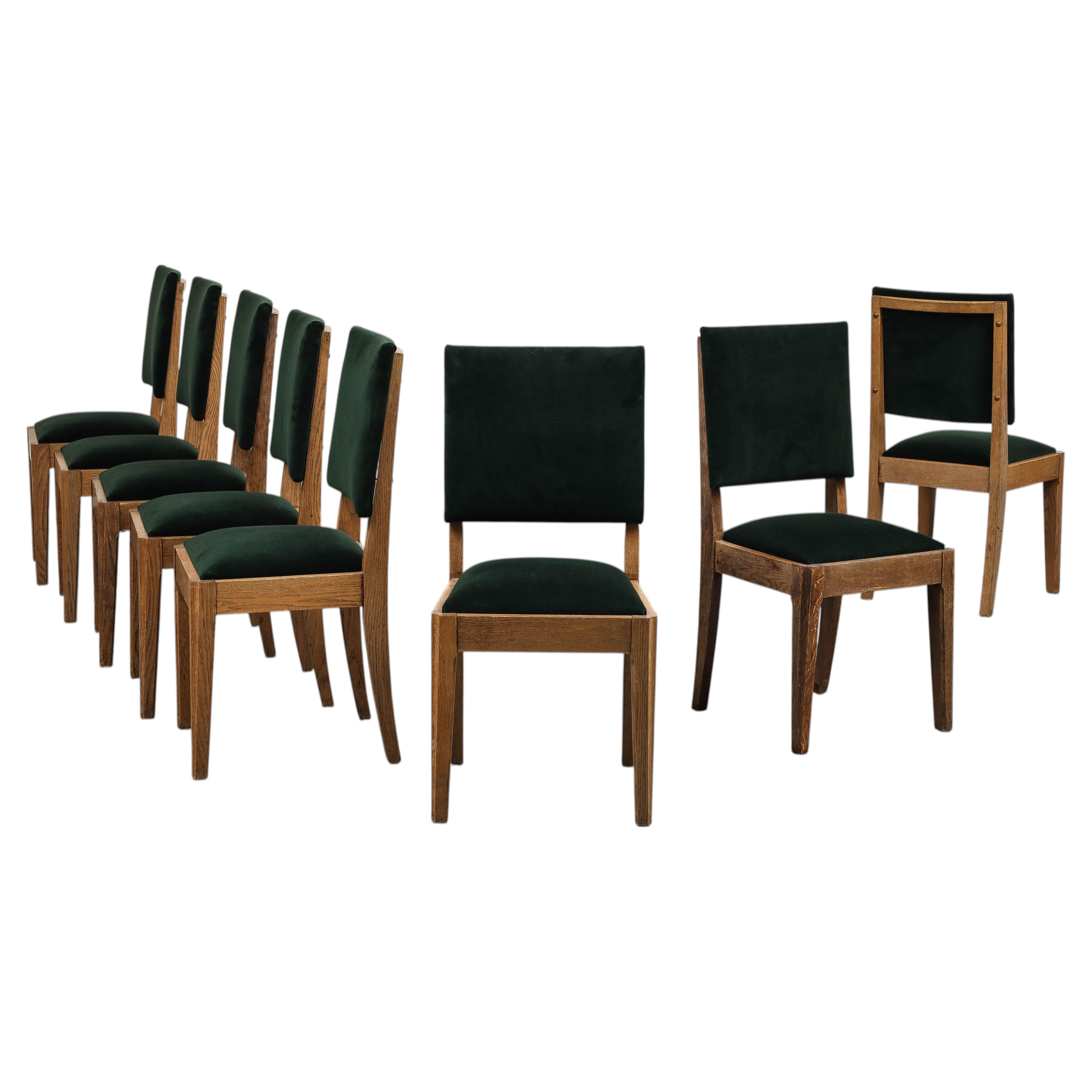 Set of Eight French Oak Dining Chairs in Forest Green Cotton Velvet, c. 1945