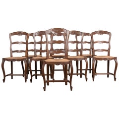 Set of Eight French Oak Ladder Back Chairs with Rush Seats