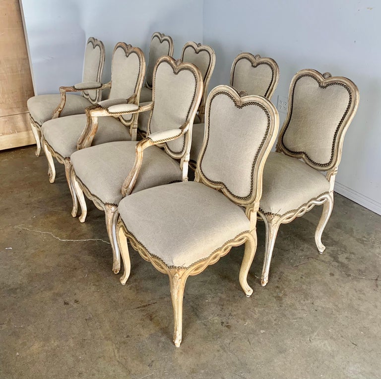 Set of Eight French Painted Dining Chairs C. 1930's In Distressed Condition For Sale In Los Angeles, CA