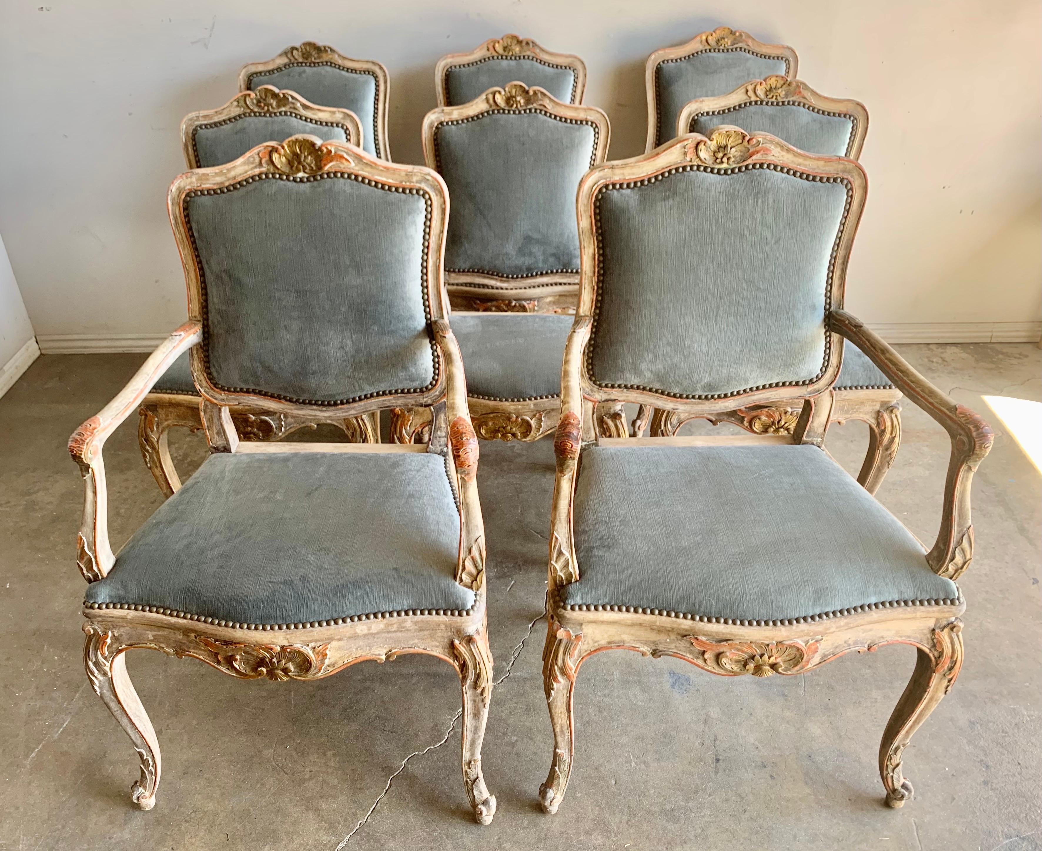 Louis XV Set of Eight French Painted & Parcel Gilt Dining Chairs