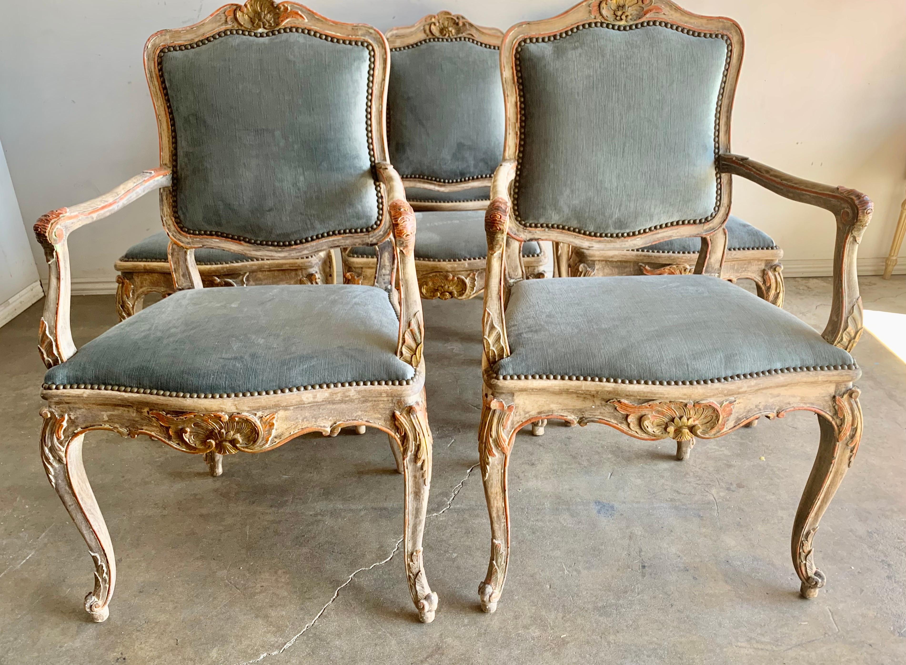 Hand-Painted Set of Eight French Painted & Parcel Gilt Dining Chairs