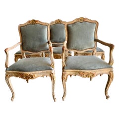 Set of Eight French Painted & Parcel Gilt Dining Chairs