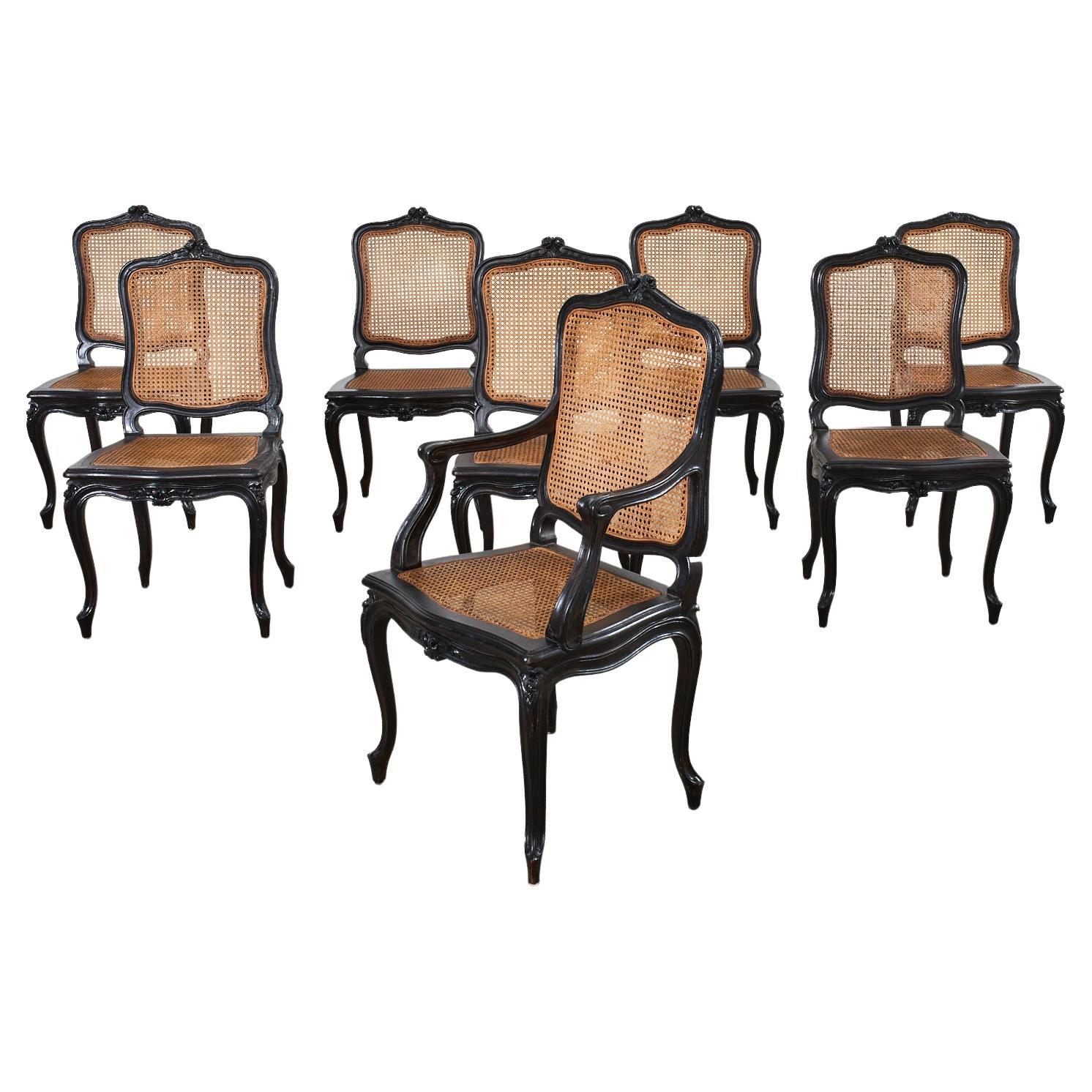 Set of Eight French Provincial Lacquered Caned Dining Chairs