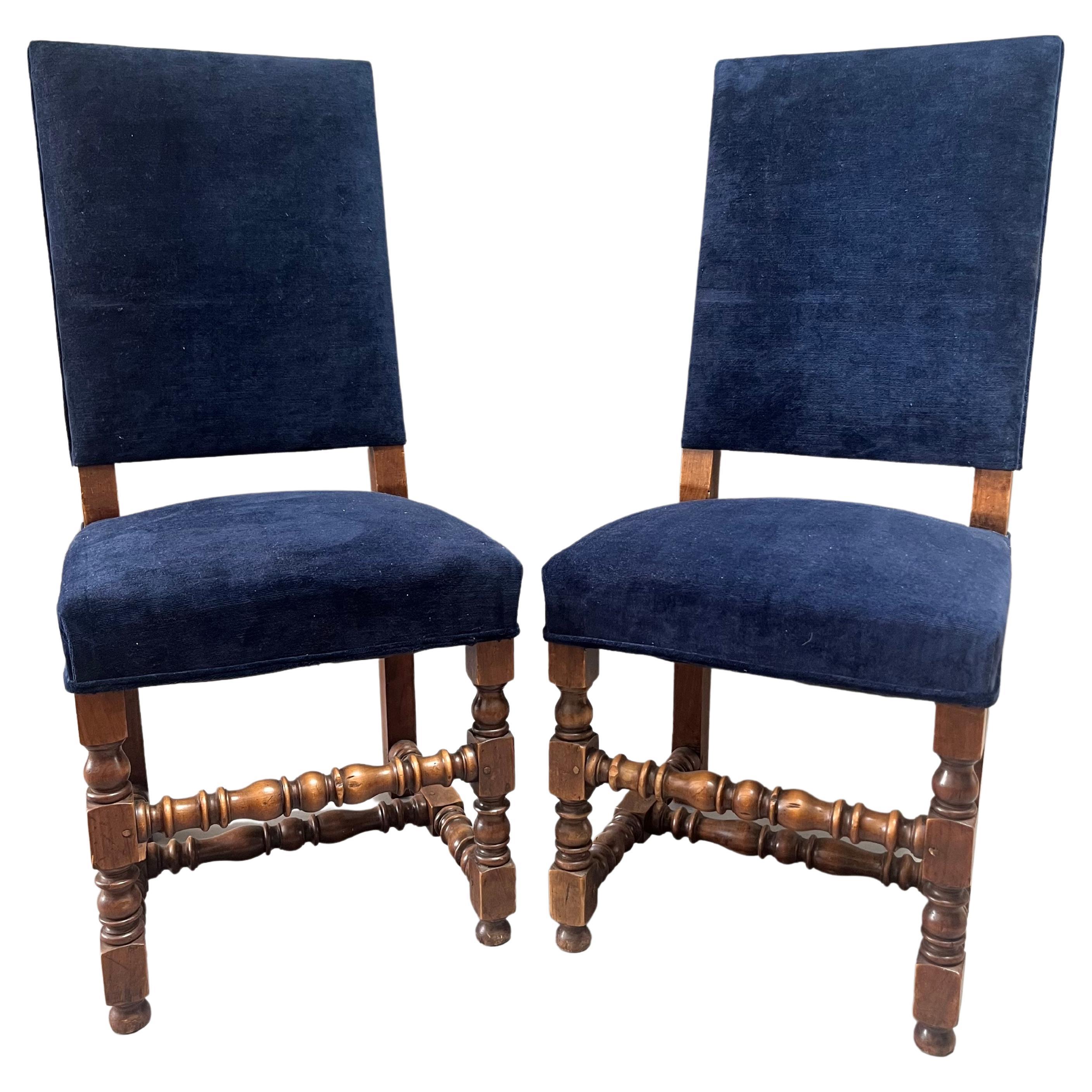 Intricately turned legs and cross stretchers constructed of Walnut with a rich color and patination. Good proportions and very comfortable. Recently  Reupholstered. Made in the Bordeaux Region circa 1870.