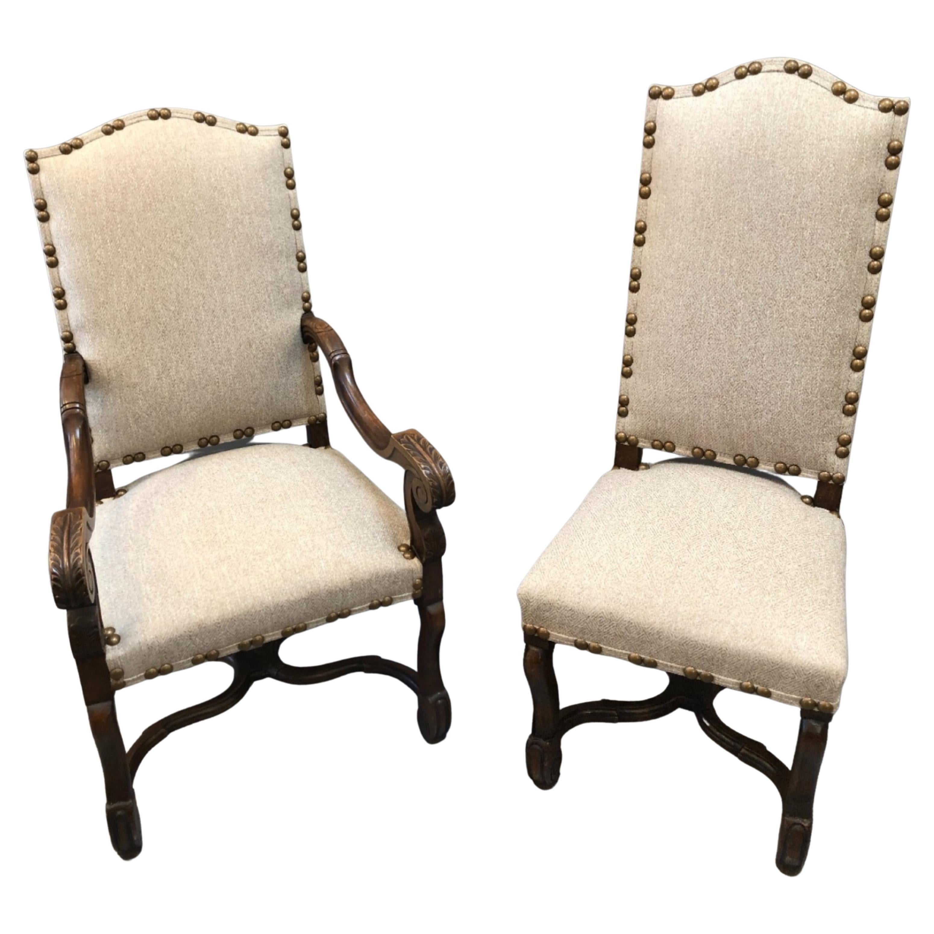 Set of Eight French Provincial Louis XIV Style Upholstered Walnut Dining Chairs