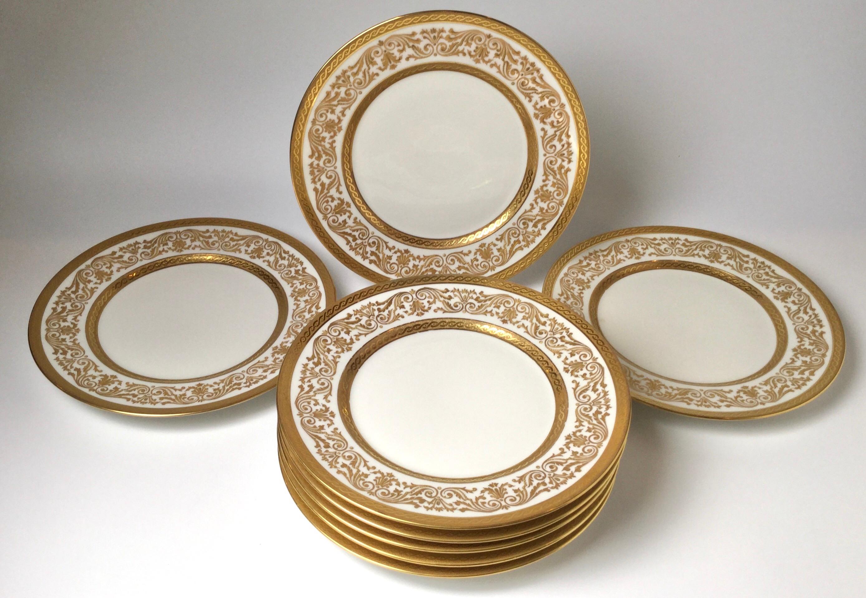 Porcelain Set of Eight French Raised Gilt Limoges Luncheon Plates