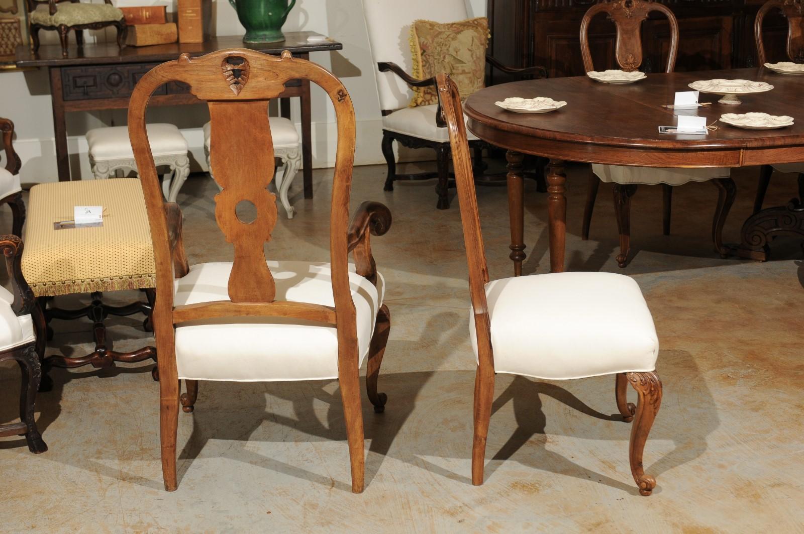 Carved Set of Eight French Rococo Style 19th Century Upholstered Walnut Dining Chairs For Sale