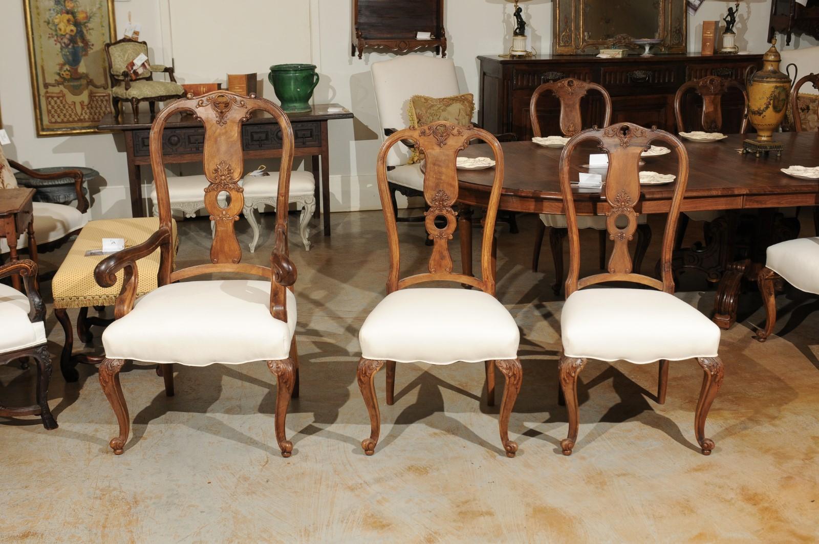 Set of Eight French Rococo Style 19th Century Upholstered Walnut Dining Chairs For Sale 1