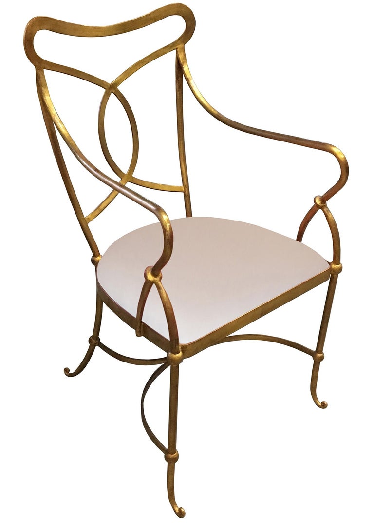 Set of Eight French Solid Wrought Iron Dining Chairs with Gilt Finish