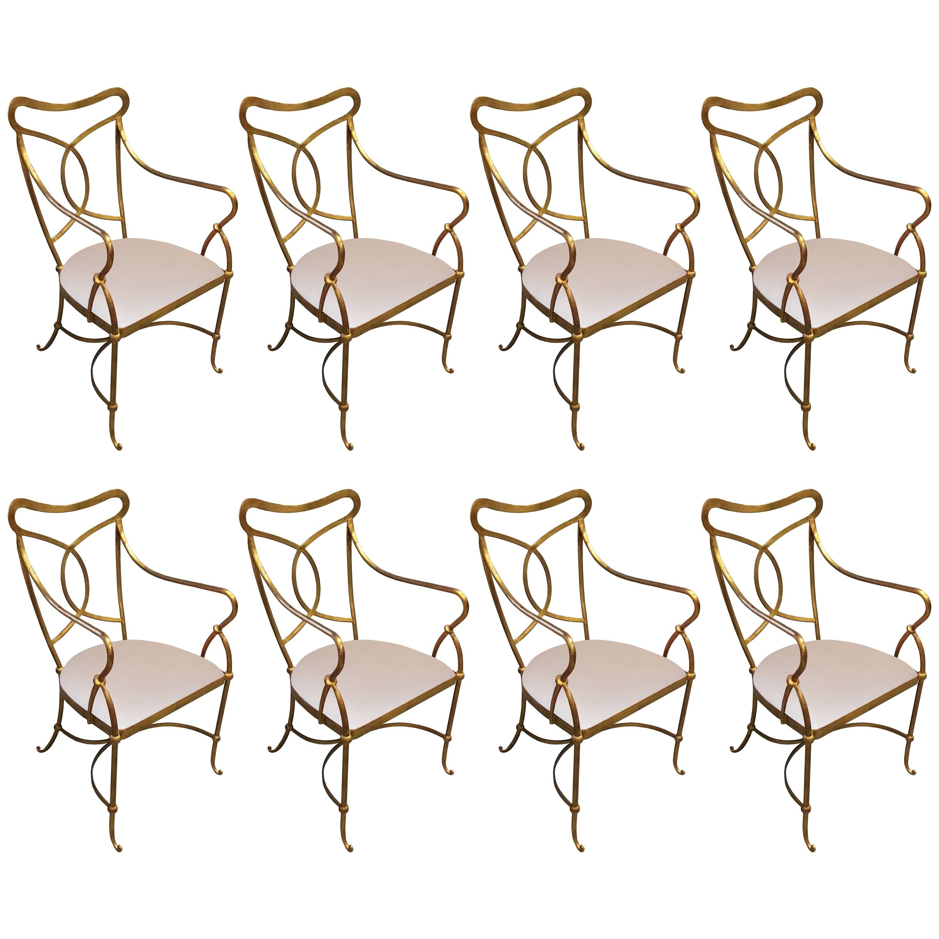 Set of Eight French Solid Wrought Iron Dining Chairs with Gilt Finish For Sale