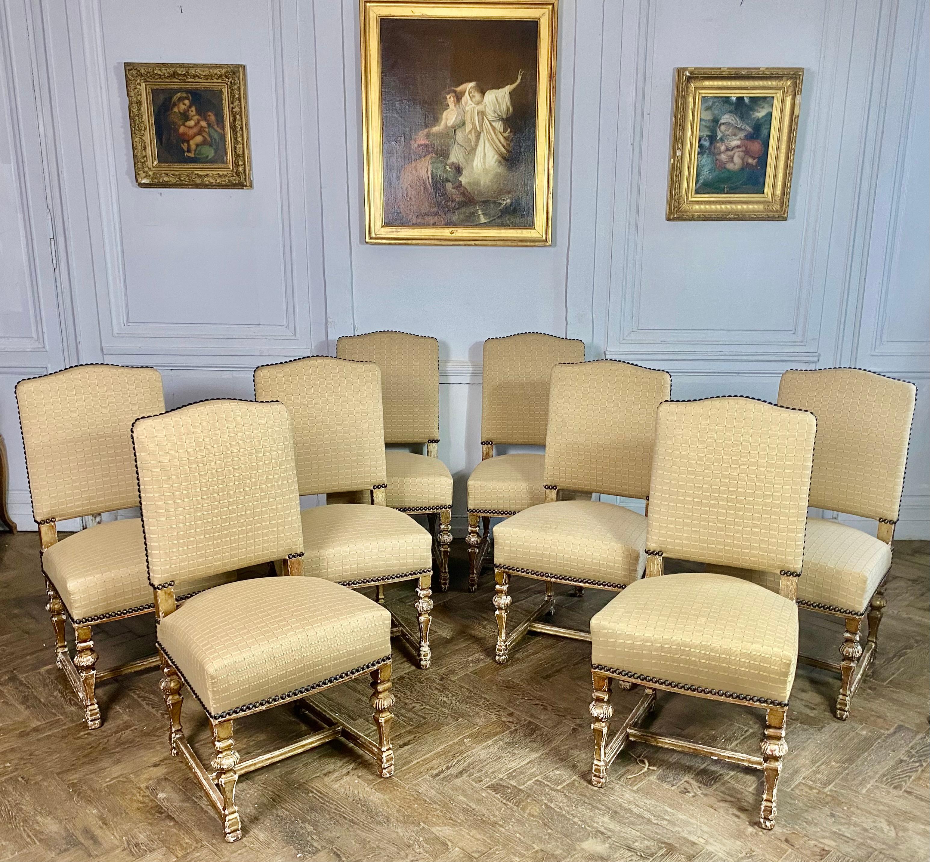 Set of Eight french Upholstered Chairs in Golden Wood Louis XIV Style - 19th For Sale 13