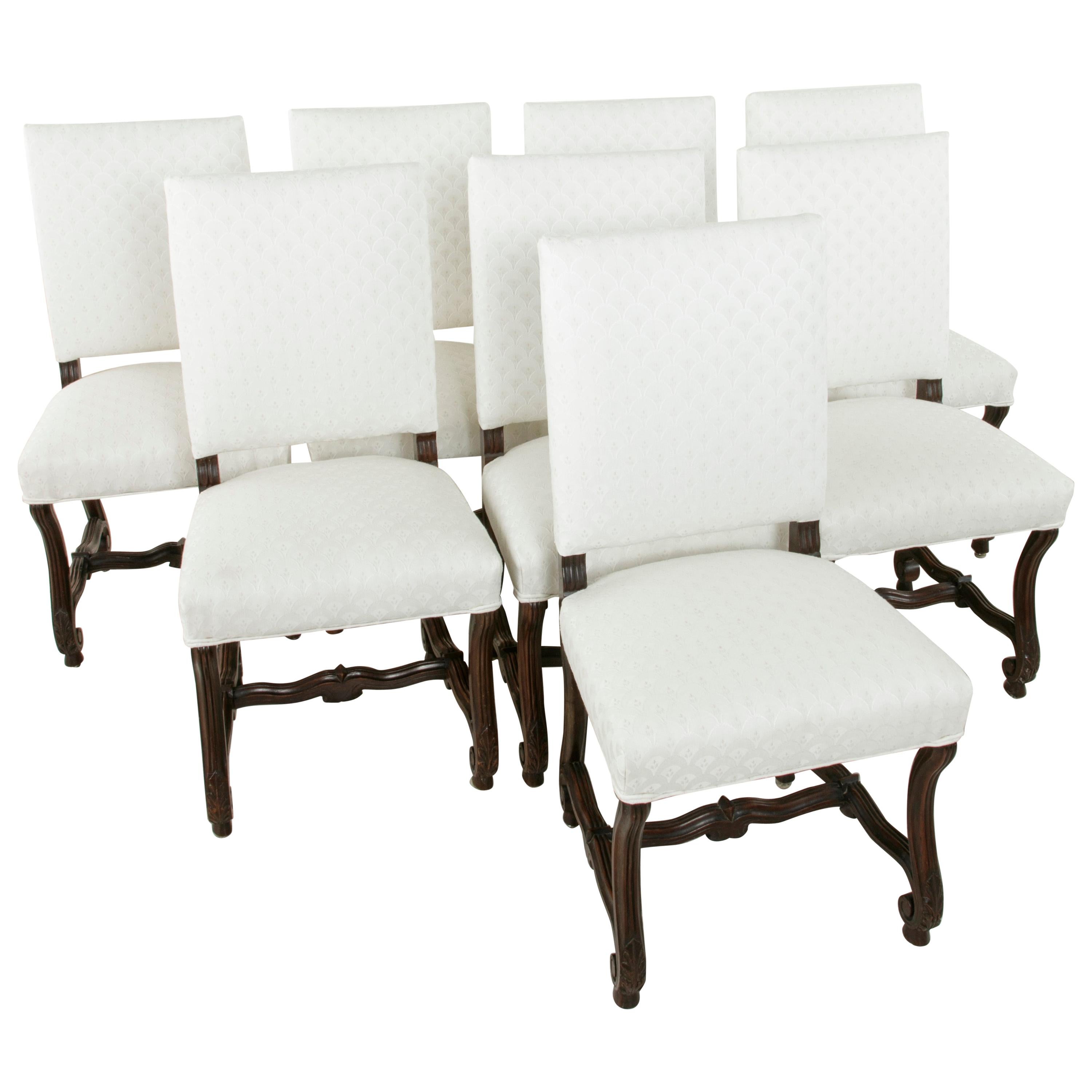 Set of Eight French Walnut Fluted Mutton Leg Side Chairs, Dining Chairs