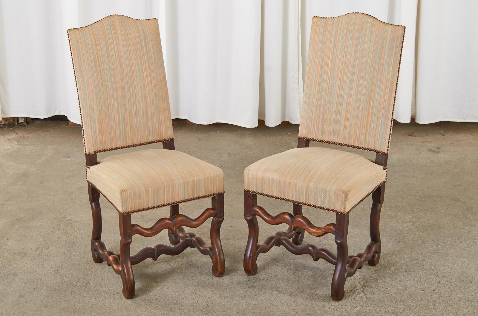 Brass Set of Eight French Walnut Os de Mouton Dining Chairs