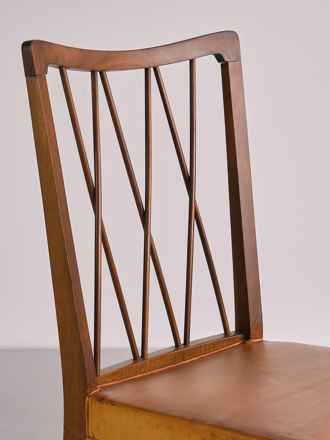 Set of Eight Frode Holm Dining Chairs, Walnut and Leather, Illum, Denmark, 1940s For Sale 6
