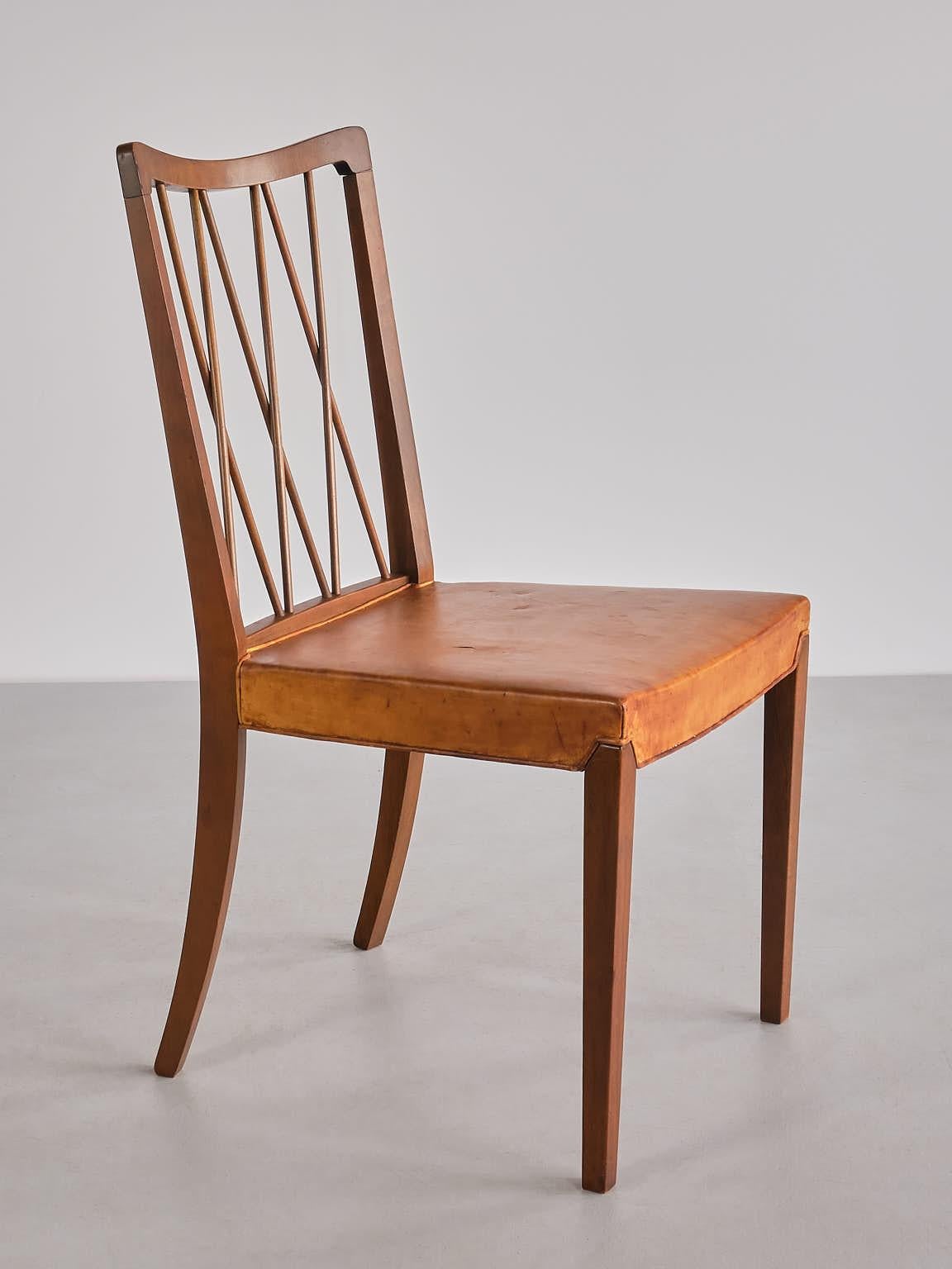 Set of Eight Frode Holm Dining Chairs, Walnut and Leather, Illum, Denmark, 1940s For Sale 8