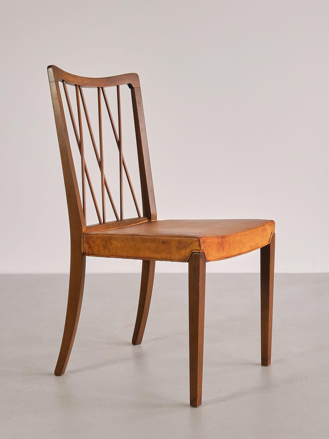 Set of Eight Frode Holm Dining Chairs, Walnut and Leather, Illum, Denmark, 1940s For Sale 9