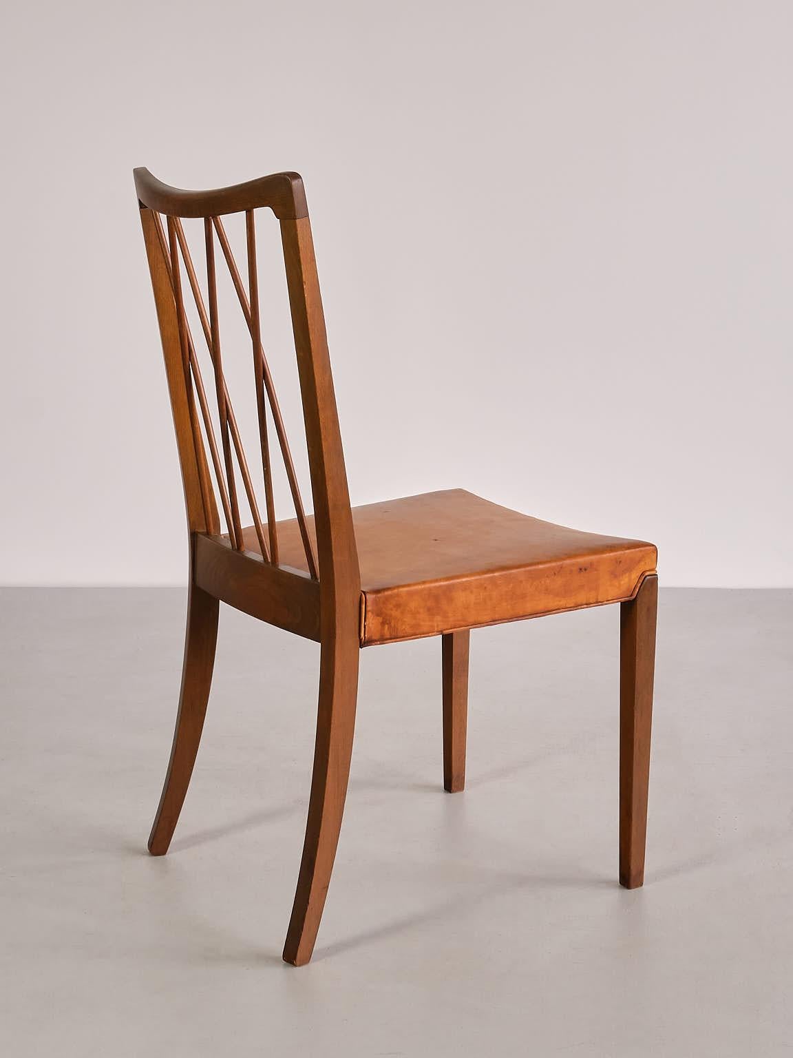 Set of Eight Frode Holm Dining Chairs, Walnut and Leather, Illum, Denmark, 1940s For Sale 11