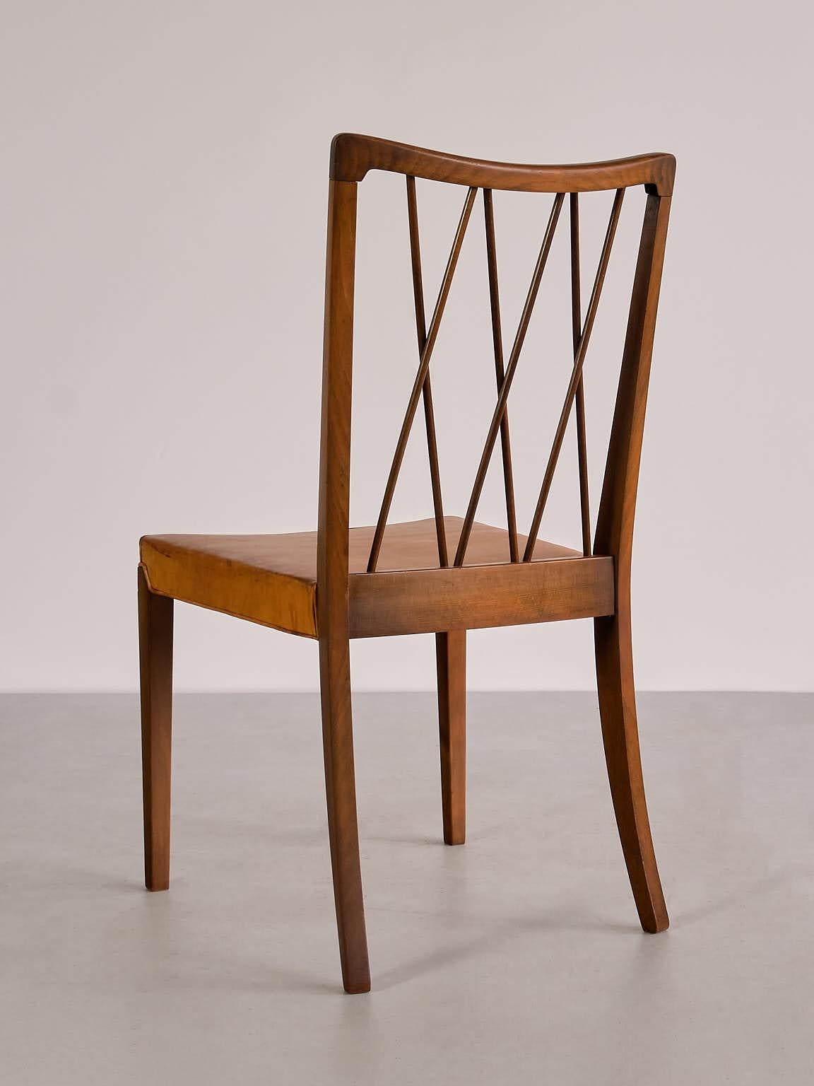 Set of Eight Frode Holm Dining Chairs, Walnut and Leather, Illum, Denmark, 1940s For Sale 12