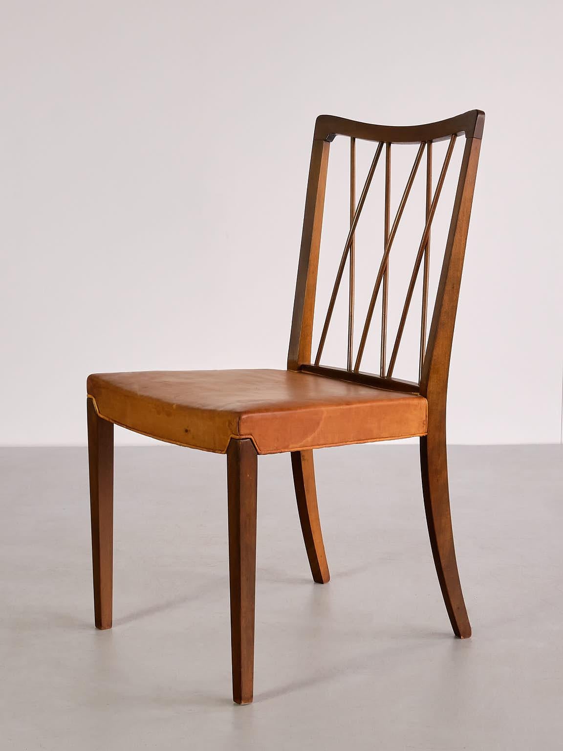 Set of Eight Frode Holm Dining Chairs, Walnut and Leather, Illum, Denmark, 1940s For Sale 13