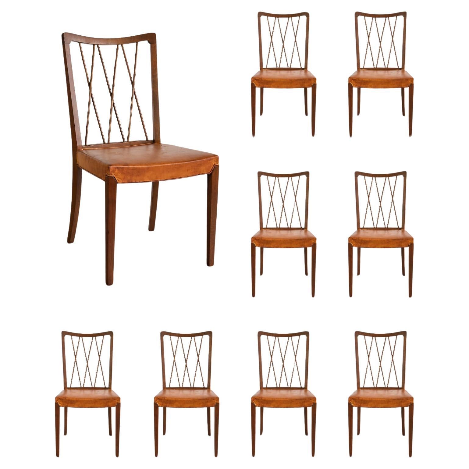 Set of Eight Frode Holm Dining Chairs, Walnut and Leather, Illum, Denmark, 1940s For Sale