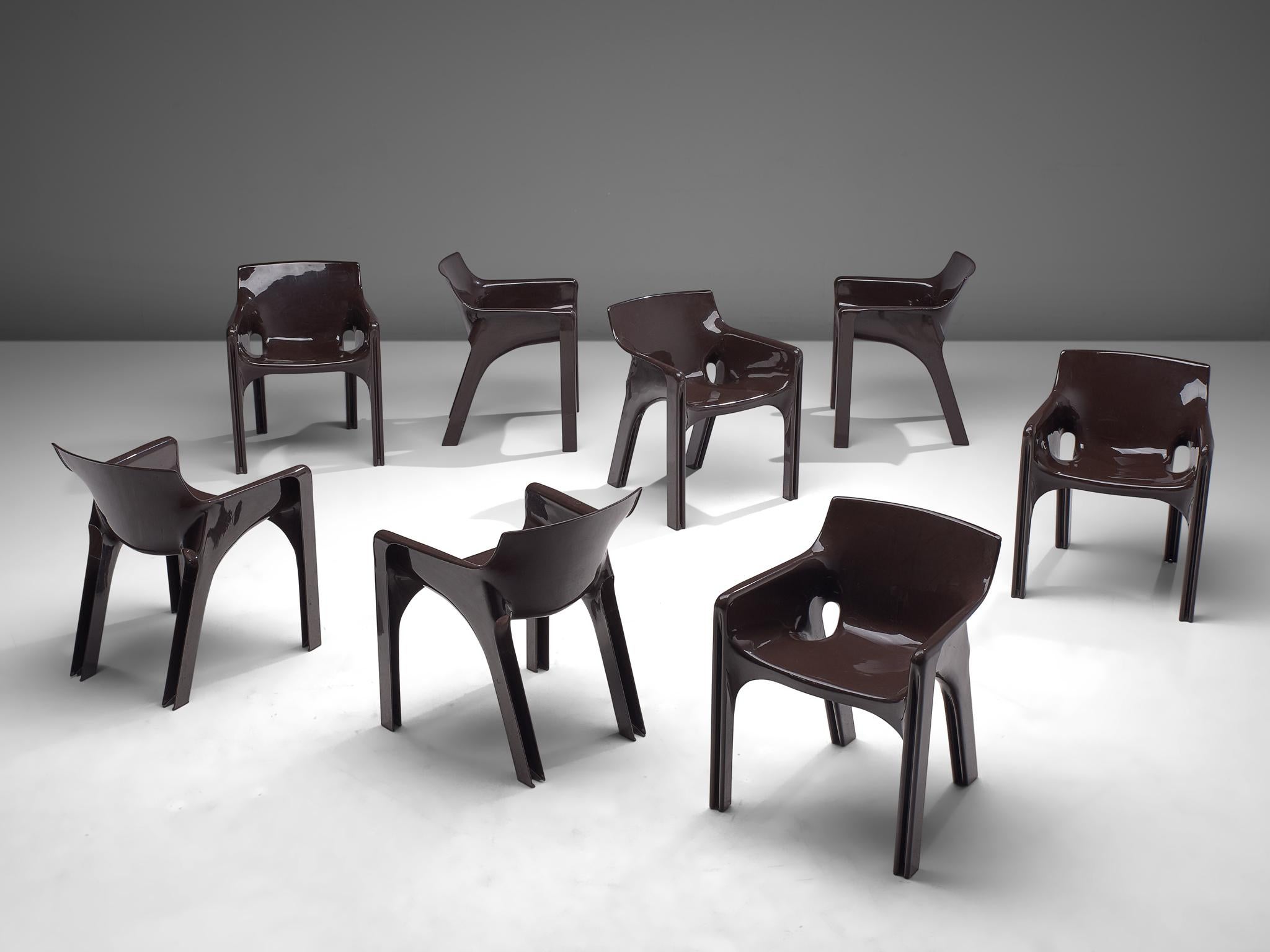 Vico Magistretti for Artemide, 8 'Gaudi' chairs, fiberglass, Italy, 1970s.

These sculptural, simplistic chairs feature large, straight legs that are tilted. The seat and armrests are shaped in a similar way. The chairs are made out of one piece