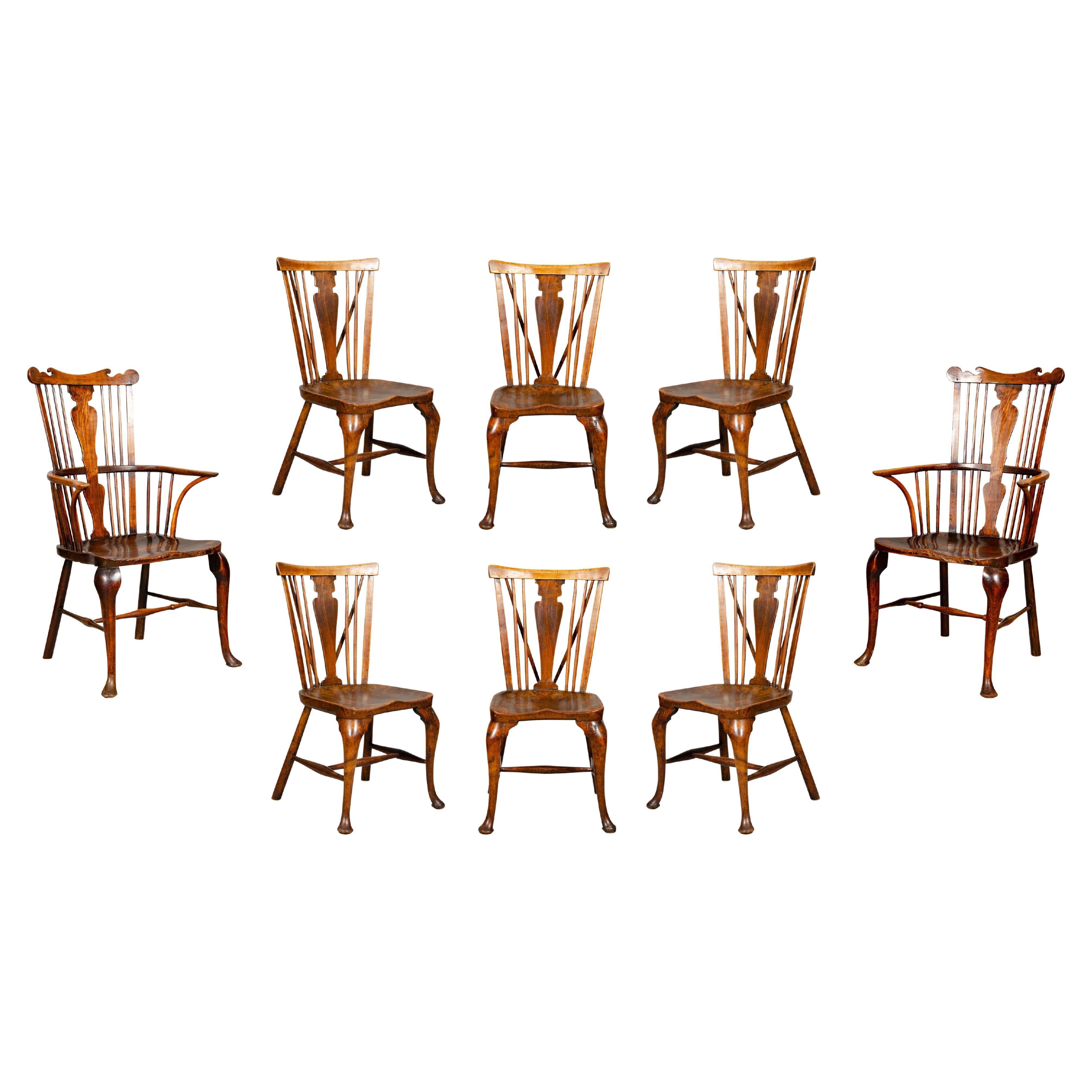 Set of Eight IV Ash and Elm Gothic Windsor Chairs For Sale at