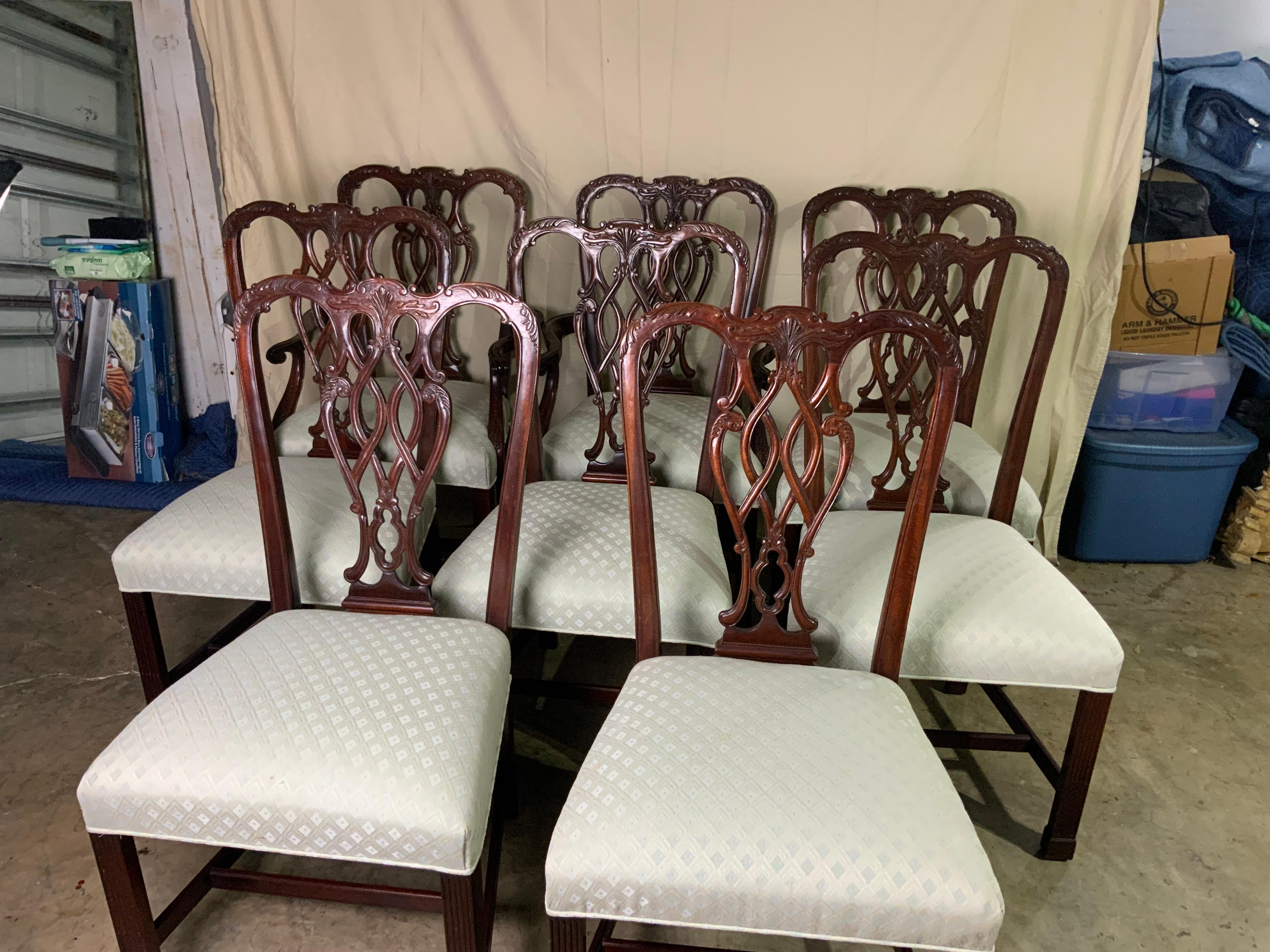 Very nice set of eight Century Chair Company  Georgian style Dining Chairs in very good to excellent original condition.  Six sides and two arm chairs in the set. The original upholstery in in excellent condition coming from a smoke free pet free