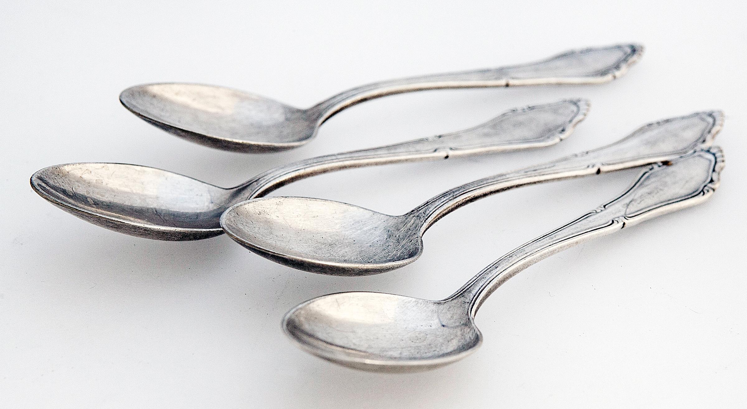 Set of Eight German Silver-plate Demitasse Spoons.
This flatware set is from one of the oldest & finest silverplate manufacturers in Germany. On separate listings, you will find knives, spoons both large & small & serving pieces as well.