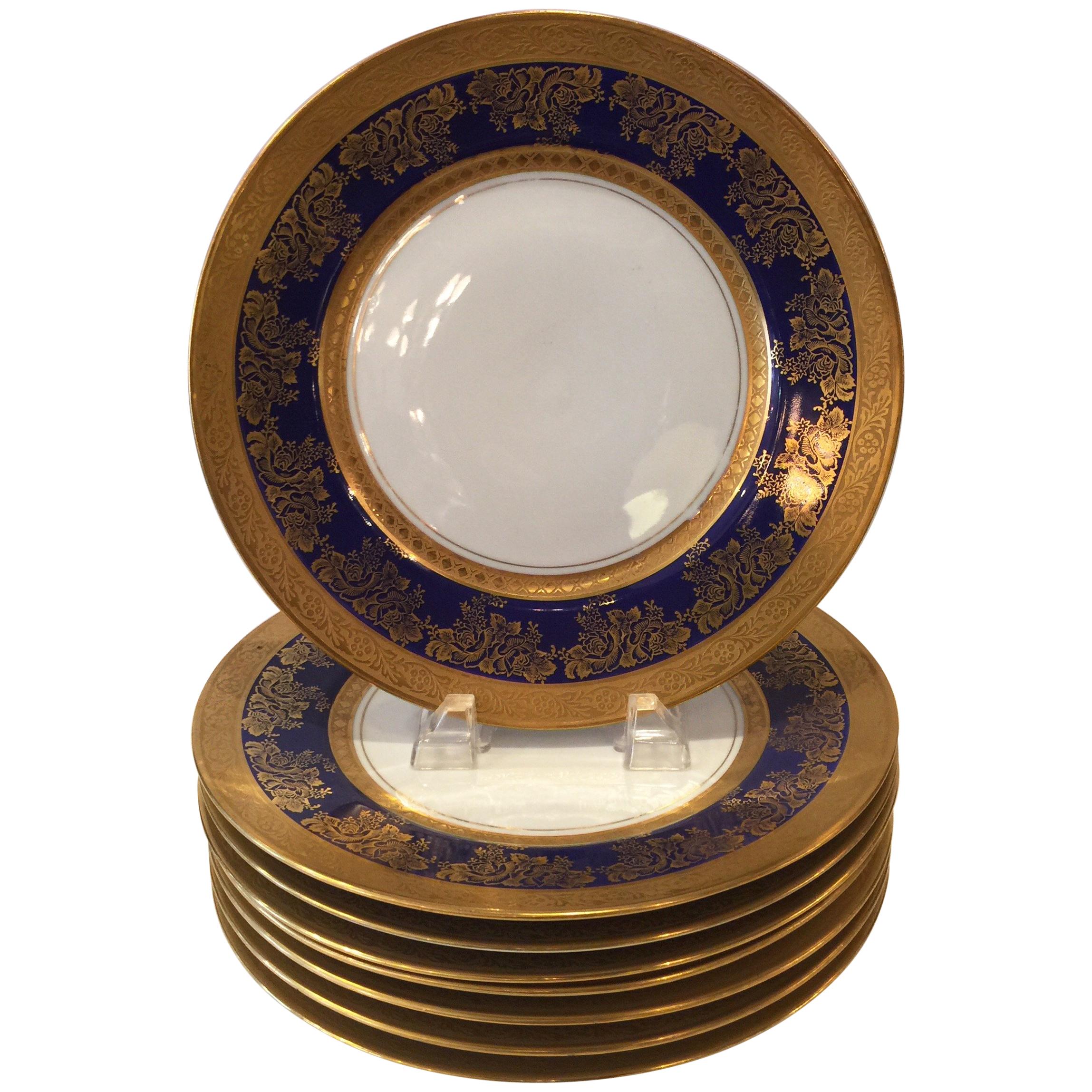 Set of Eight Gold and Cobalt Blue Service/Dinner Plates Royal Doulton