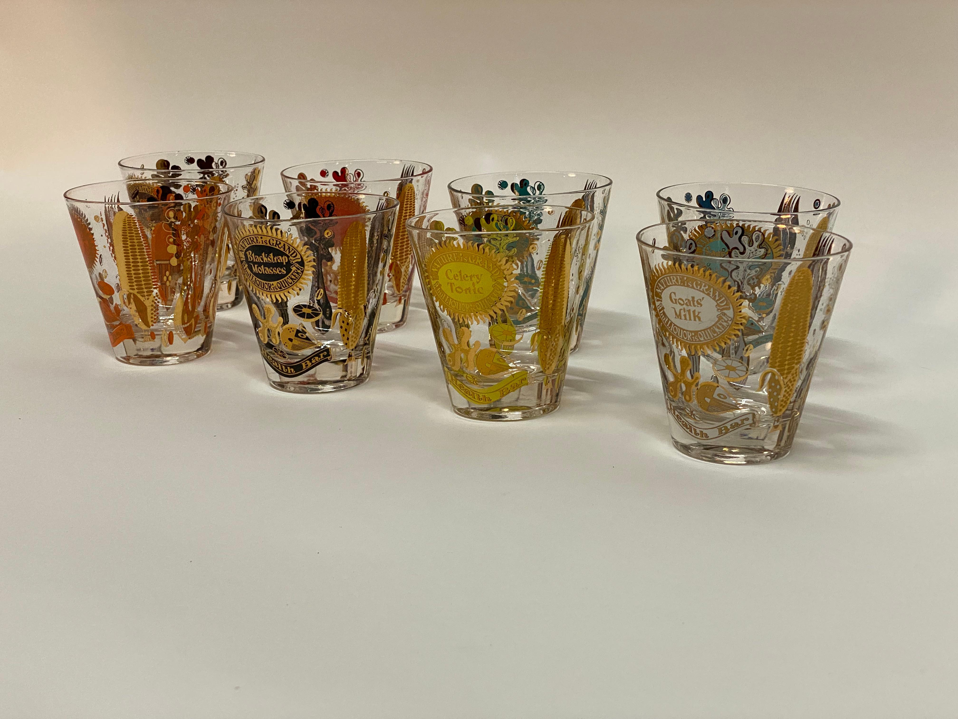 The finest cocktail glasses from Georges Briard. The set of eight glasses are all screen decorated, Nature is Grand, but Liquor is Quicker, Health Bar. The eight glasses include: Prune Juice, Apple Juice, Sauerkraut Juice, Carrot Juice, Goats' Milk,