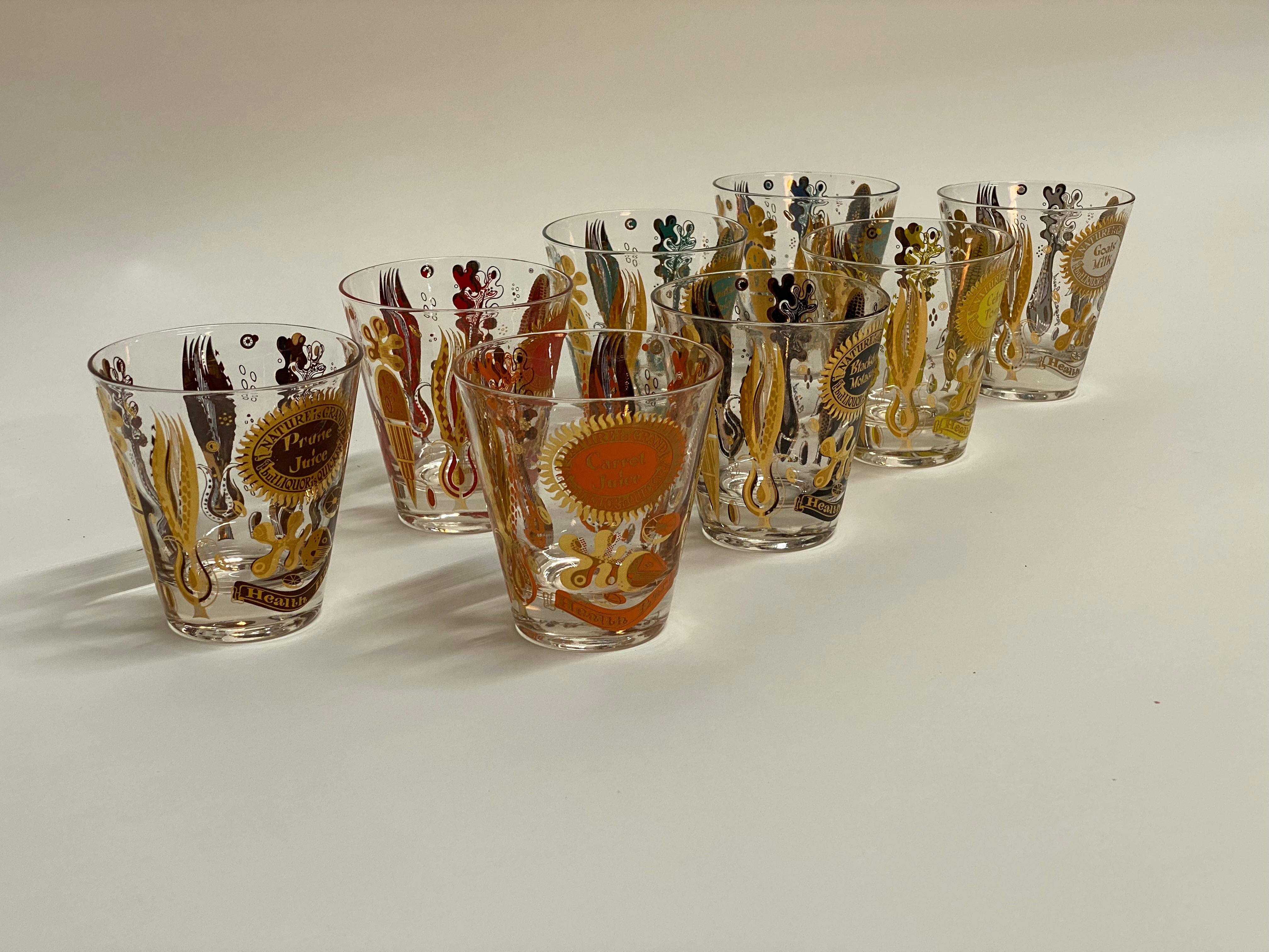Mid-Century Modern Set of Eight Gold Georges Briard Cocktail Rocks Health Bar Glasses