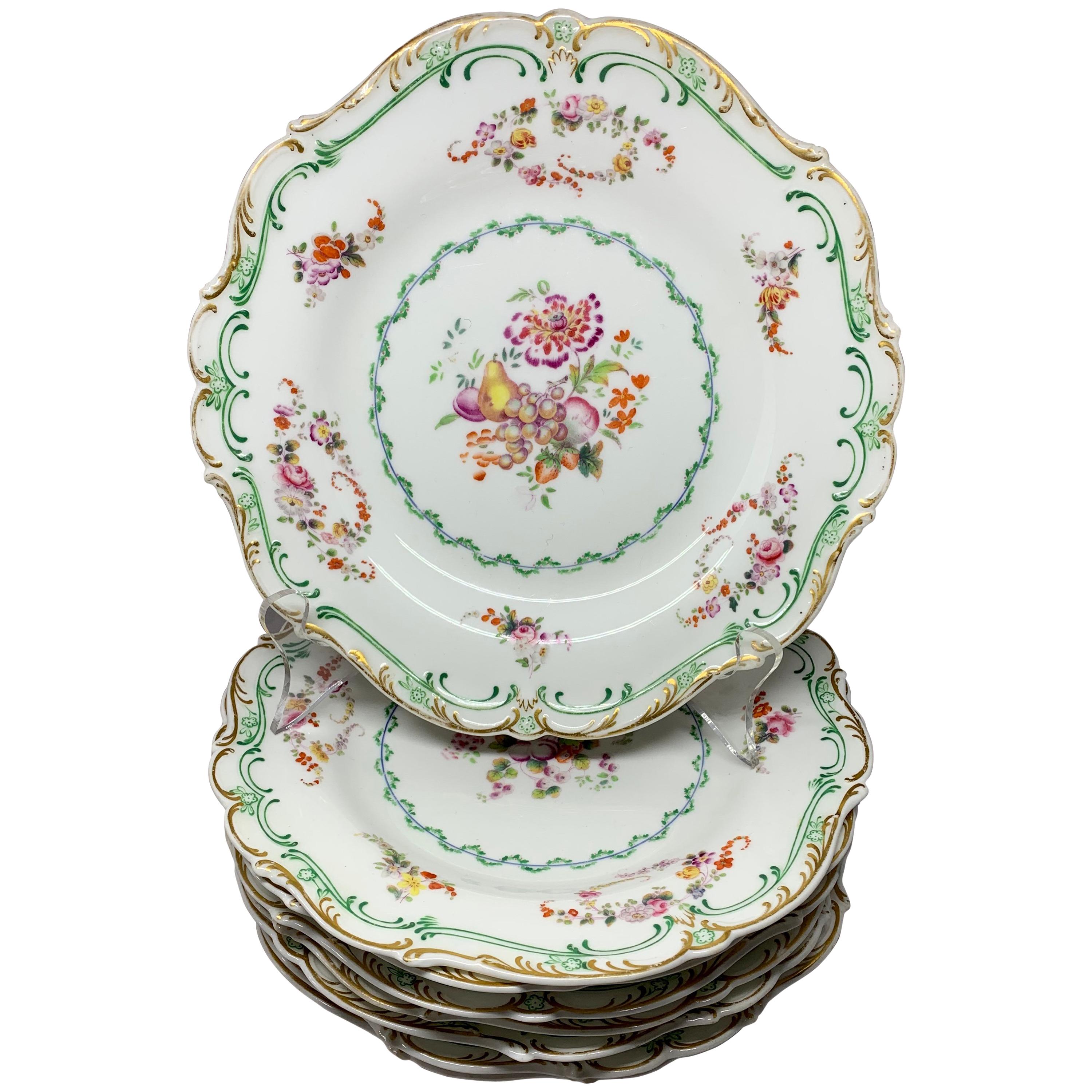 Set of Eight Green and Gilt Banded Floral Plates