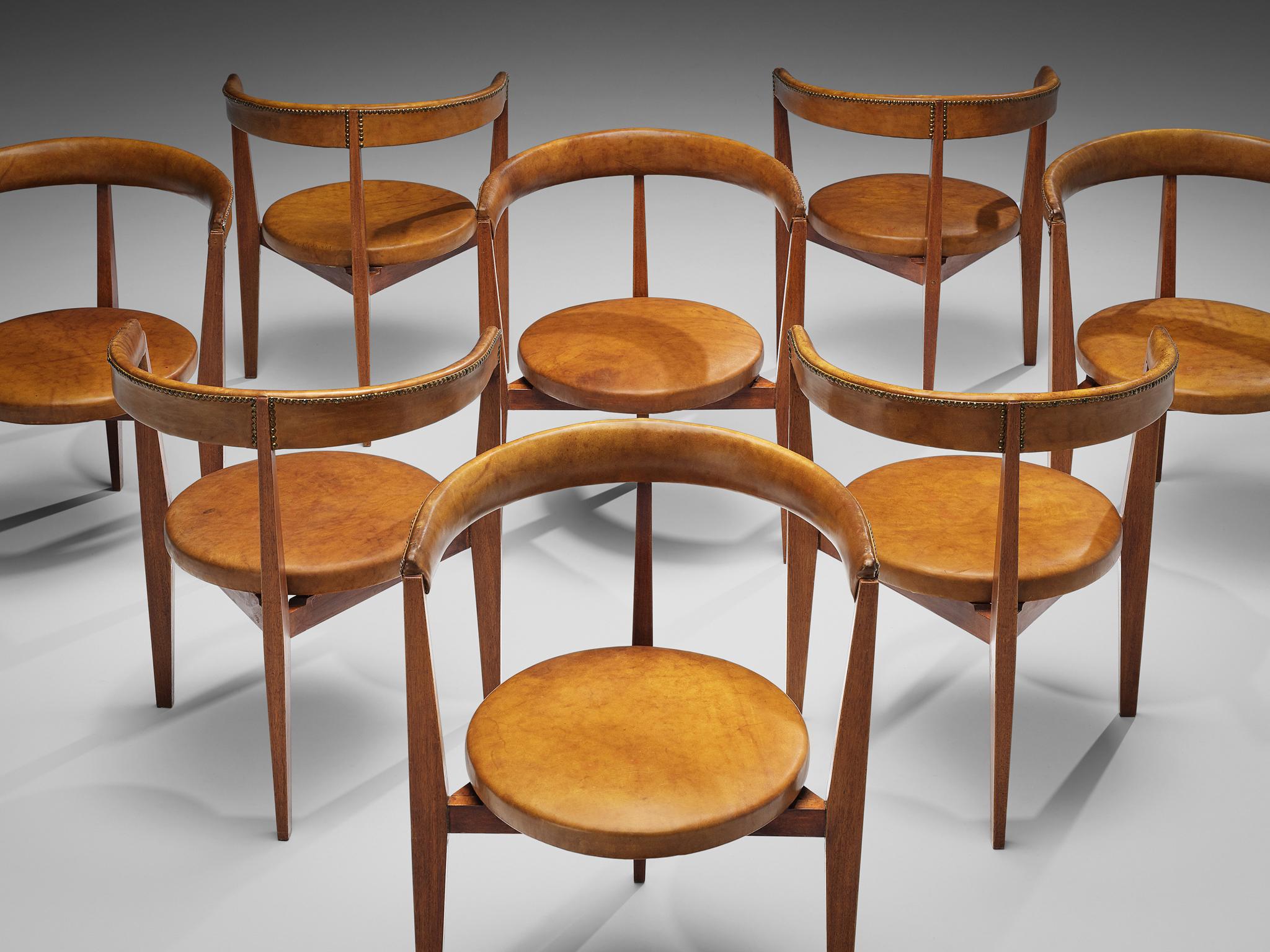 Guido Canali Set of Eight Rare Dining Chairs in Walnut and Cognac Leather 3