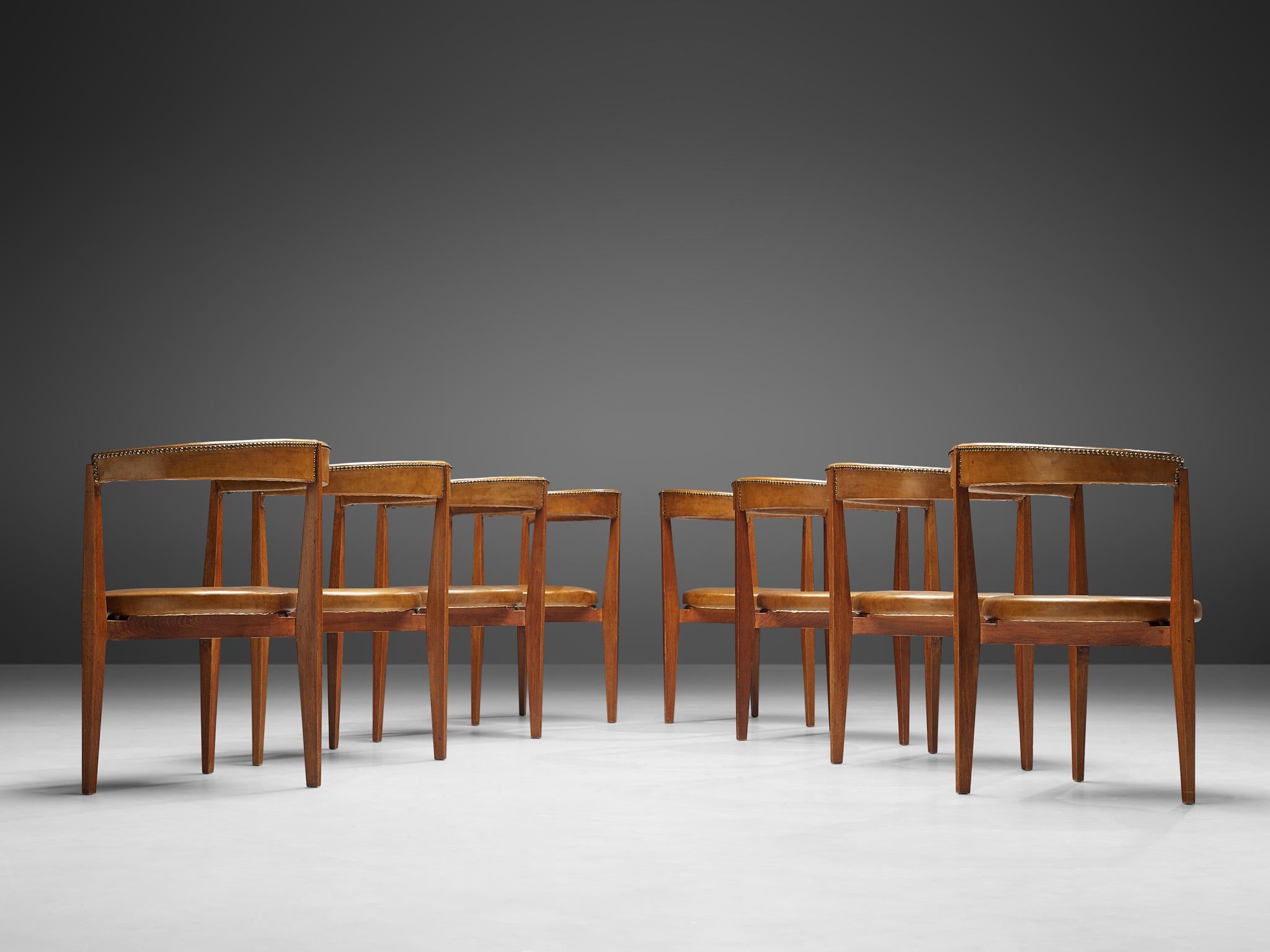 Italian Guido Canali Set of Eight Rare Dining Chairs in Walnut and Cognac Leather