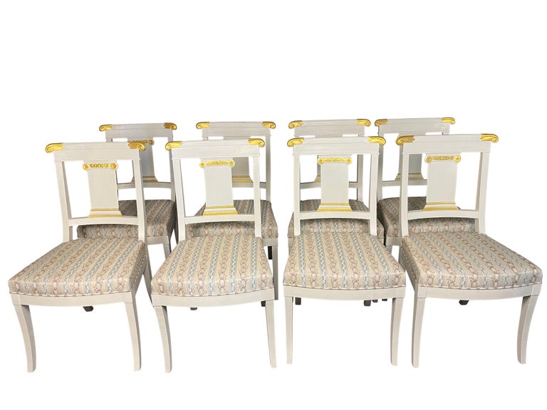 Set of Eight Gustavian Style Ivory Painted Dining Chairs with Neoclassical Motif For Sale at 1stDibs