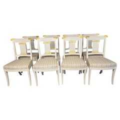Set of Eight Gustavian Style Ivory Painted Dining Chairs with Neoclassical Motif