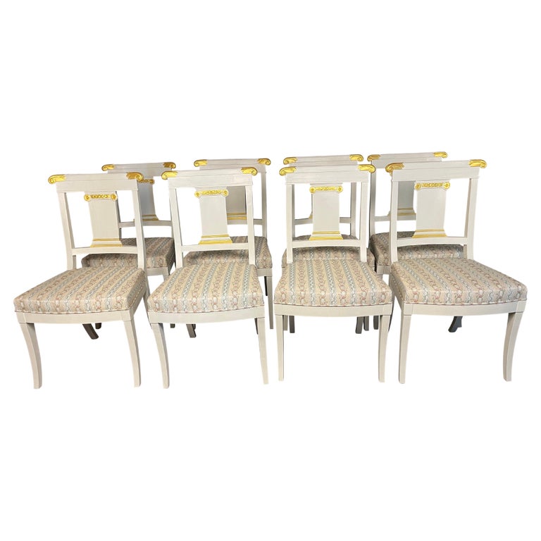 Set of Eight Gustavian Style Ivory Painted Dining Chairs with Neoclassical Motif For Sale at 1stDibs