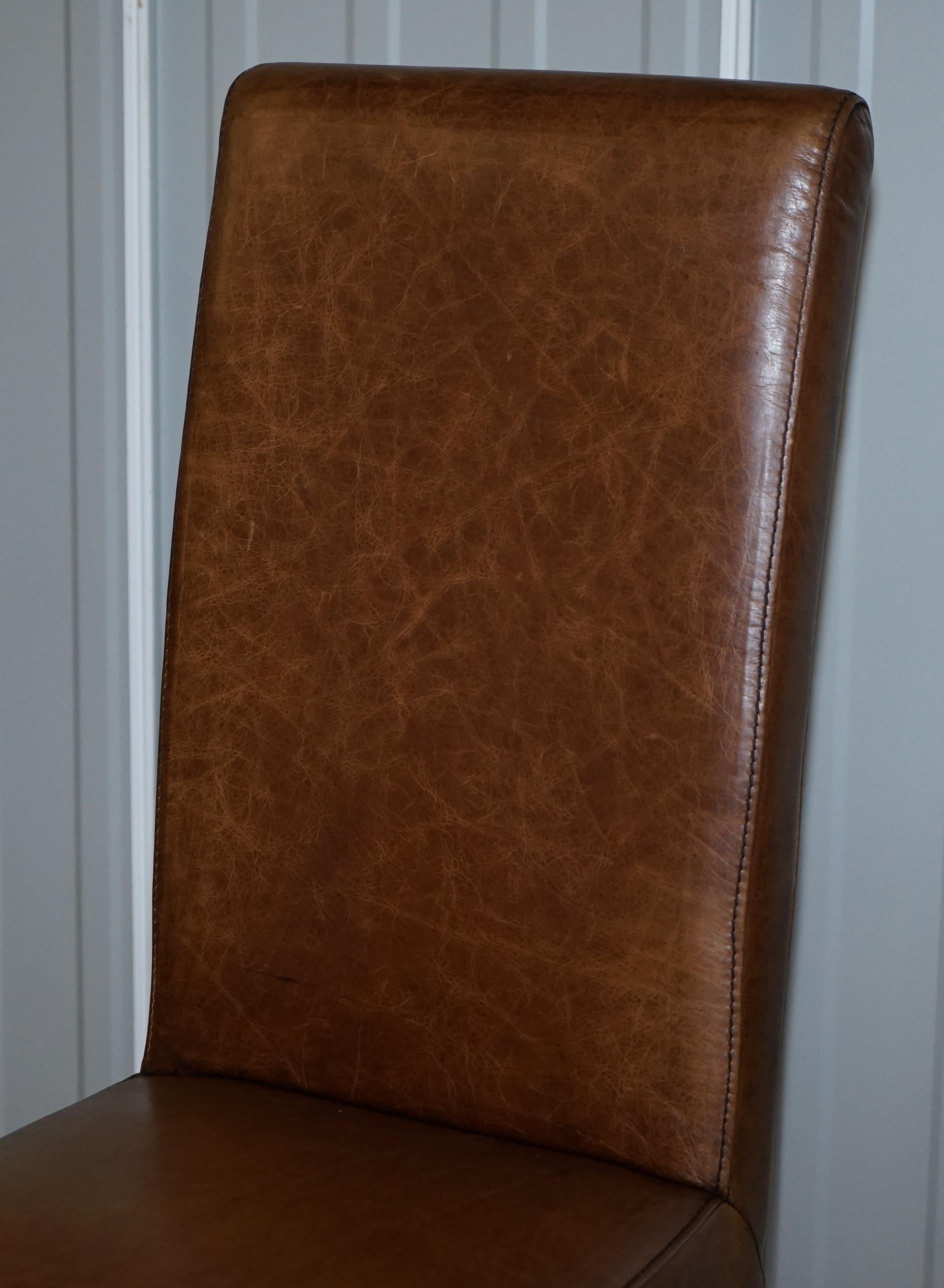 English Set of Eight Halo Soho High Back Heritage Brown Leather Dining Chairs