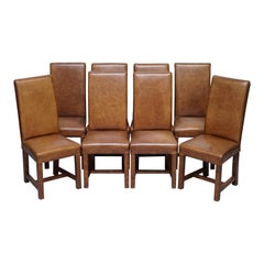 Set of Eight Halo Soho High Back Heritage Brown Leather Dining Chairs