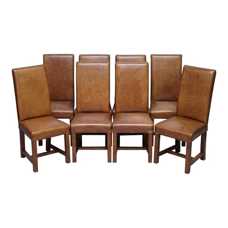 Set Of Eight Halo Soho High Back Heritage Brown Leather Dining Chairs For Sale At 1stdibs